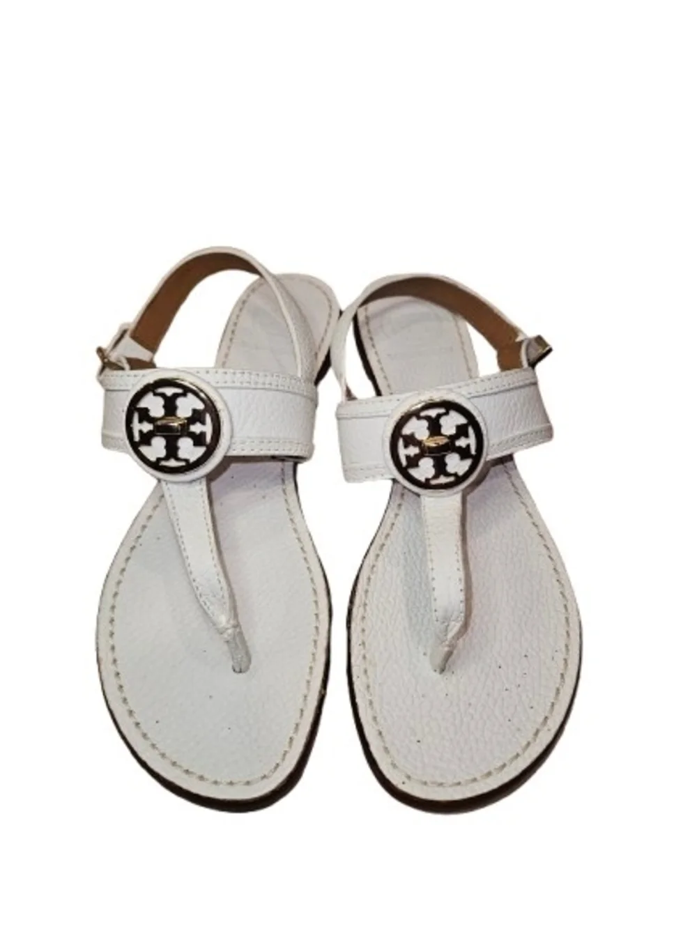 Tory Burch Selma White Leather Slingback Thong Flat Sandals Gold Logo Size 7.5